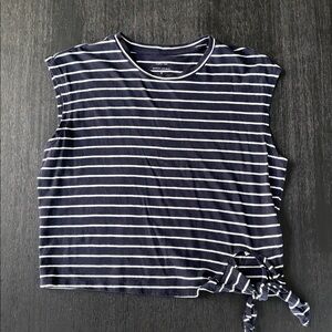Banana Republic Navy and White Striped Cap-Sleeve Tie-Hem Top